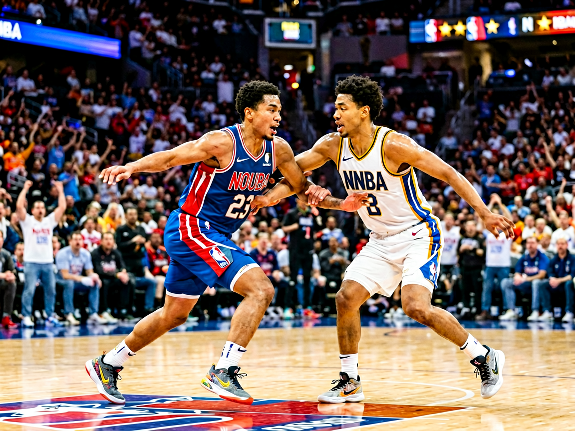 NBA赛季报道，展示NBA比赛中球员激烈对抗的场景
